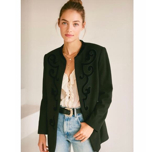 Vintage 90s Liz Claiborne Black Long Blazer Velvet Floral Embroidery Boho Chic - Picture 1 of 10